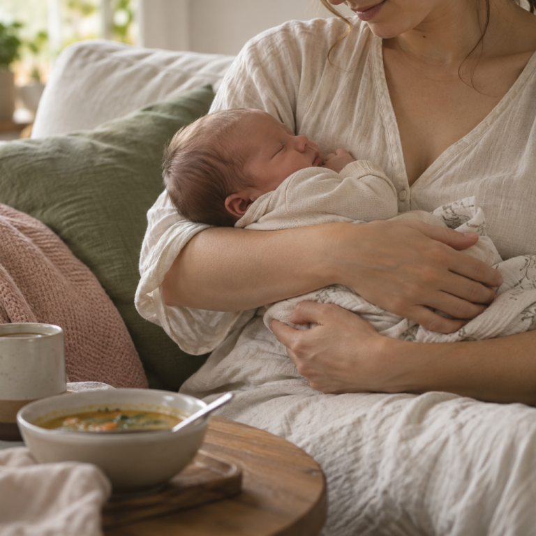 Mutter hält ihr schlafendes Baby im Wochenbett, daneben stehen eine Mahlzeit und eine Tasse